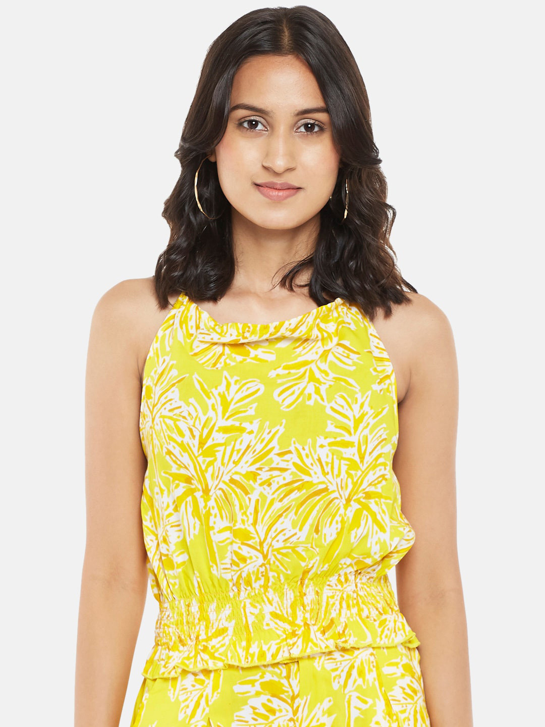 People Yellow & White Floral Halter Neck Blouson Top