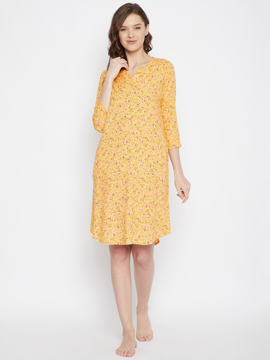 Hypernation Woman Yellow Floral Printed Nightdress