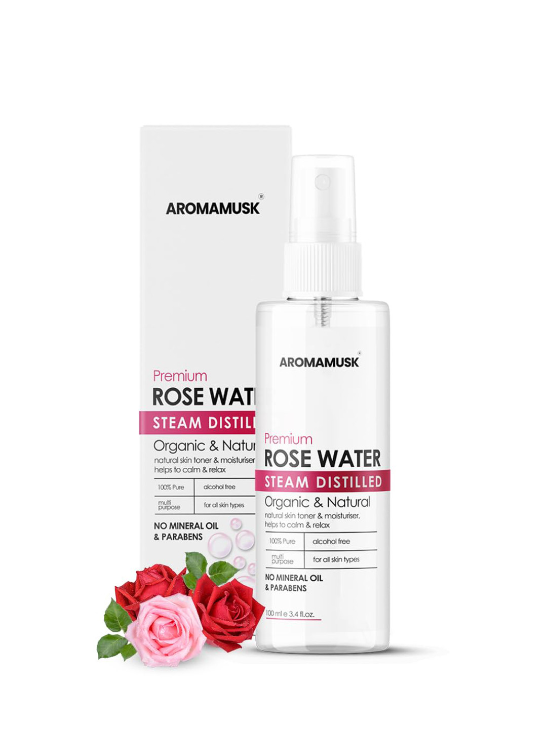Aromamusk 100% Organic & Natural Premium Rose Water For Face & Skin 100ml
