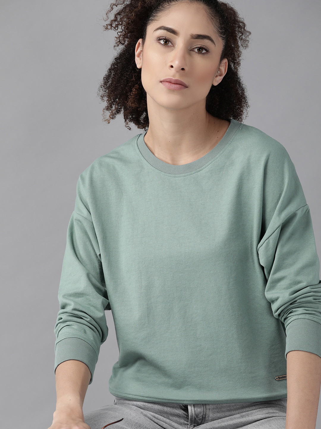 Roadster Women Blue Pure Cotton Solid Boxy Sweatshirt