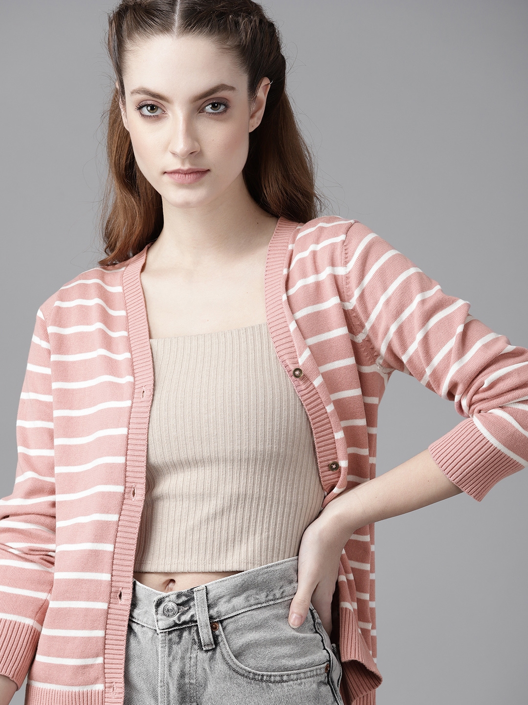 Roadster Women Pink White Striped Pure Cotton Cardigan