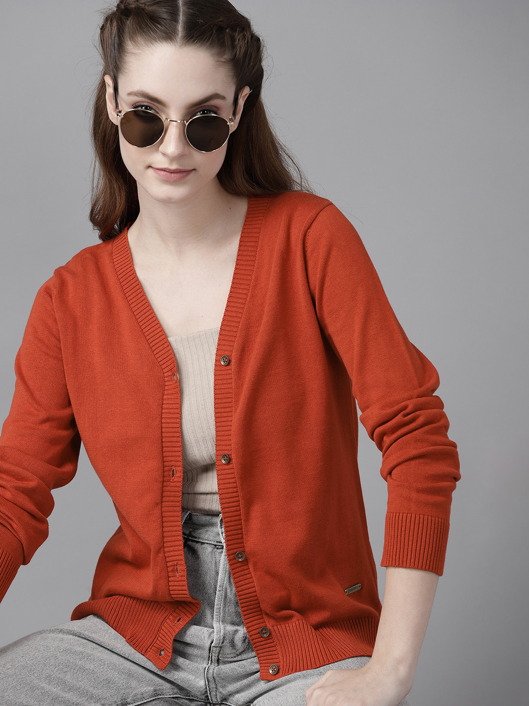 Roadster Women Rust Solid Cotton V-Neck Cardigan