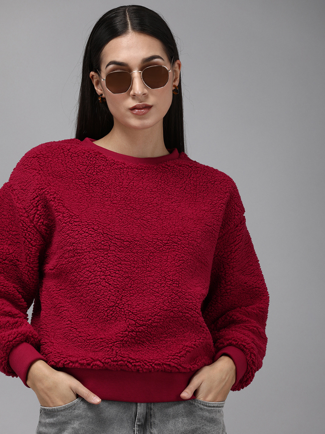 The Roadster Life Co. Women Maroon Solid Fur Sweatshirt