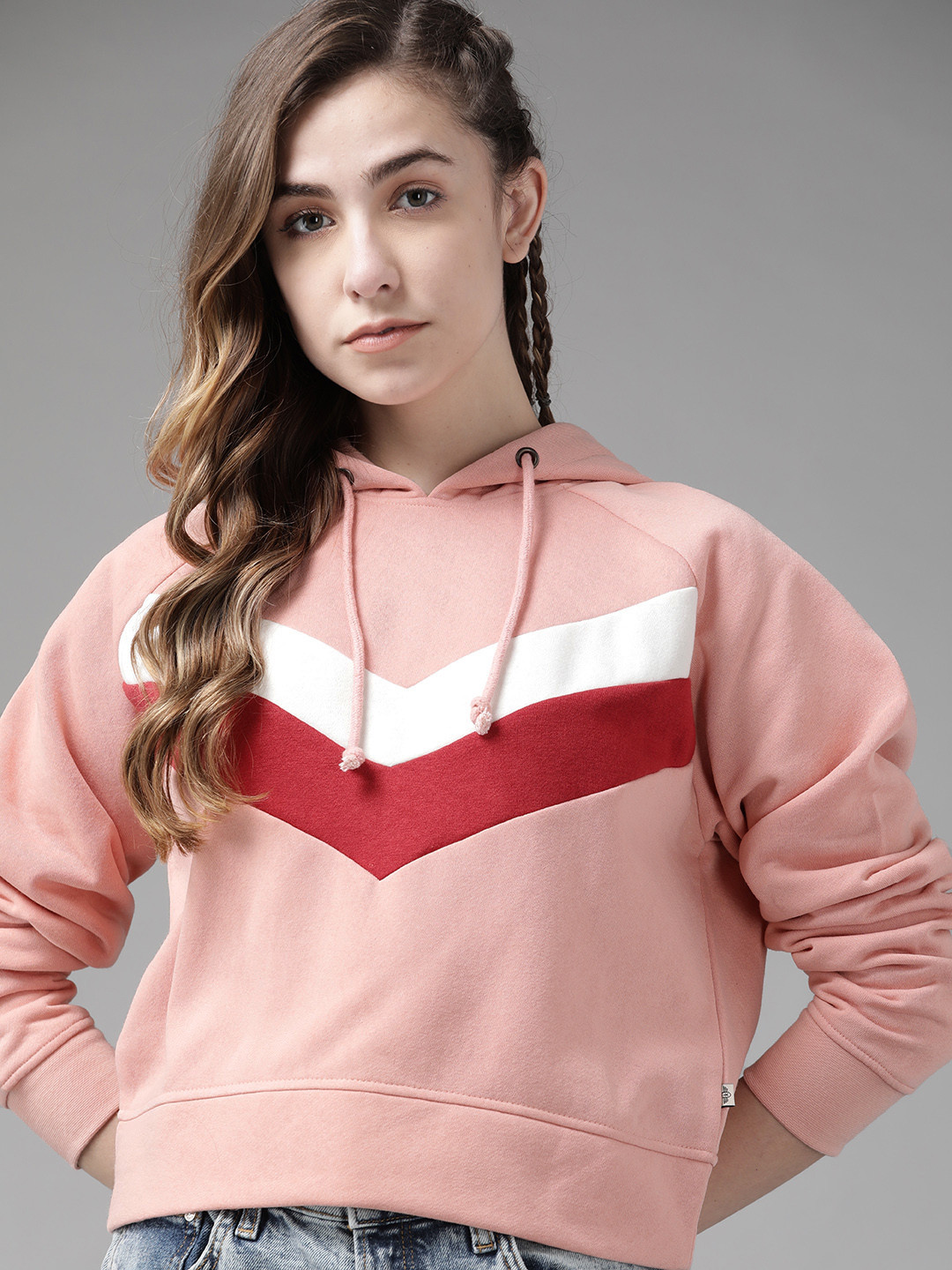 Roadster Women Pink & Red Colourblocked Hooded Crop Sweatshirt
