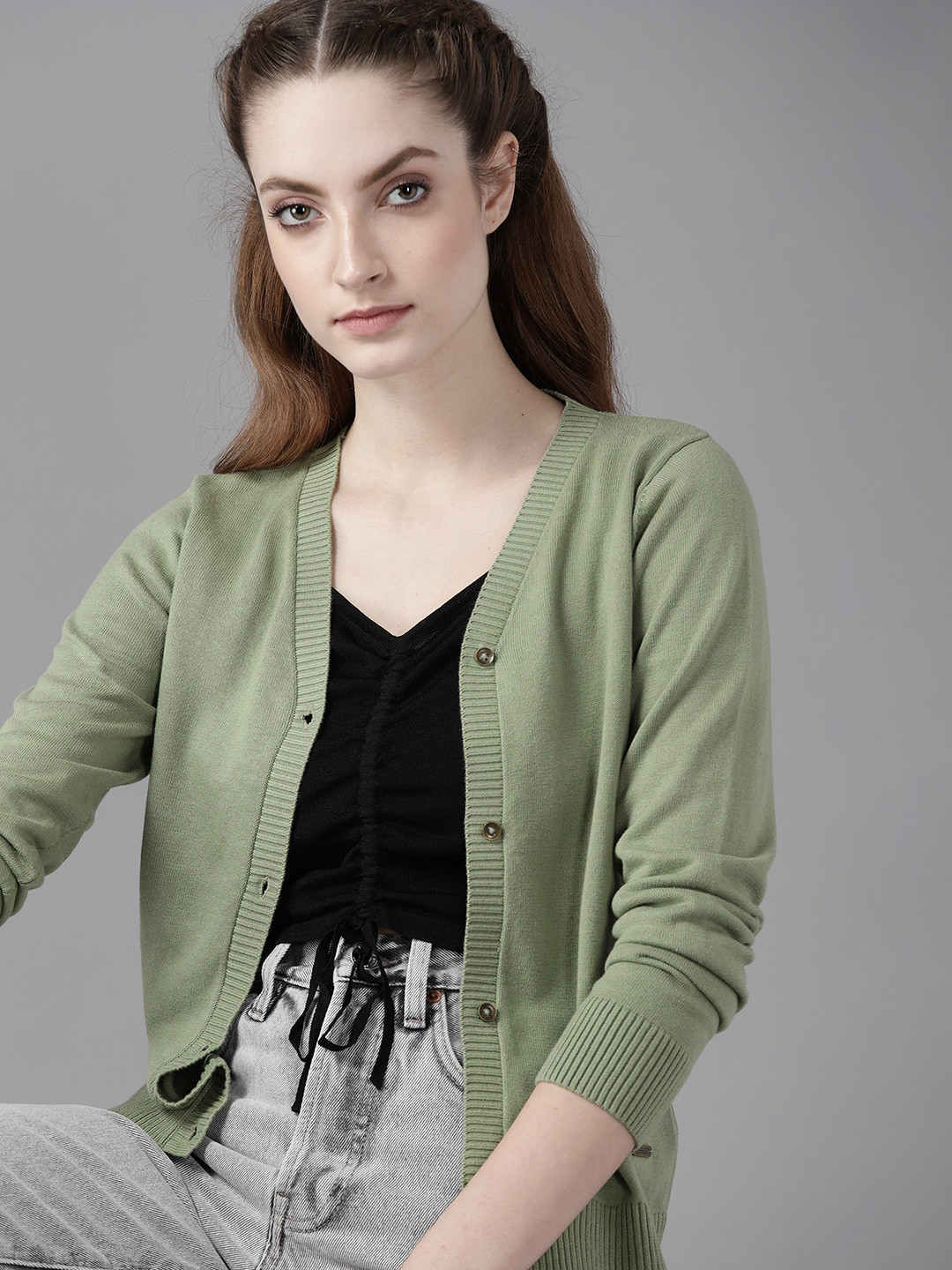 Roadster Women Olive Green Solid Pure Cotton Cardigan