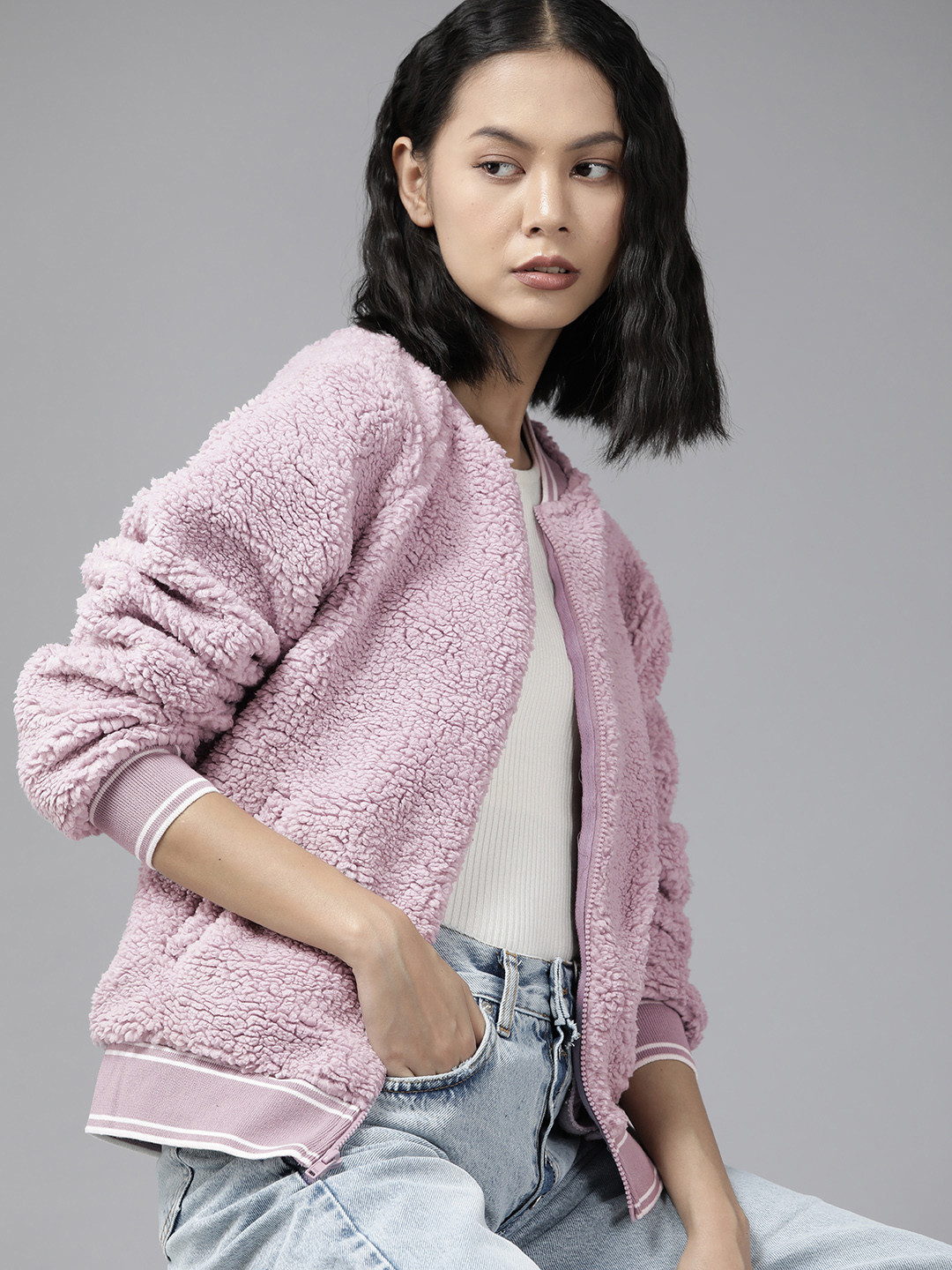 The Roadster Lifestyle Co. Women Lavender Mandarin Collar Sherpa Sweatshirt