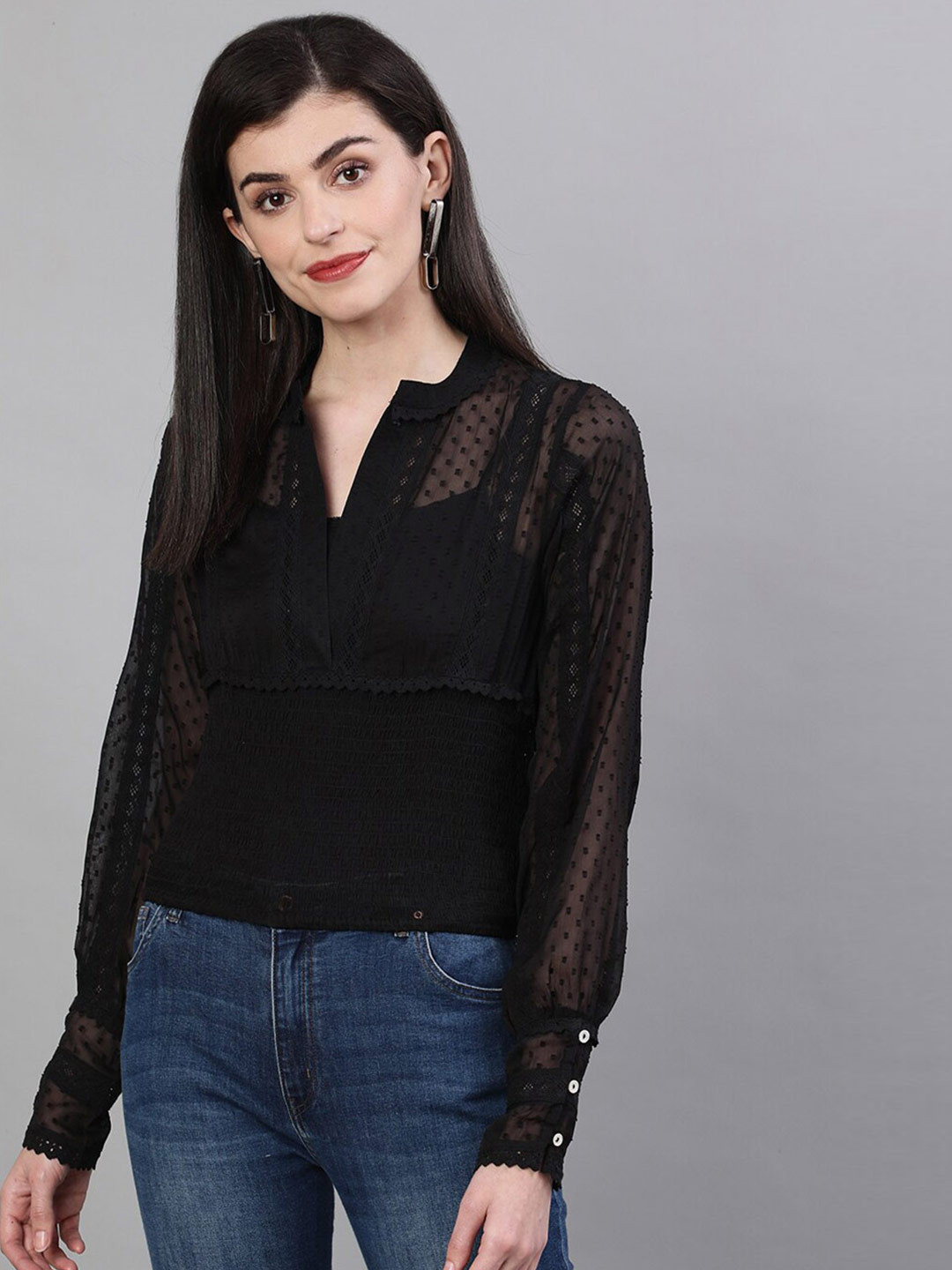 Ishin Black Mandarin Collar Smocked Self Design Georgette Regular Top