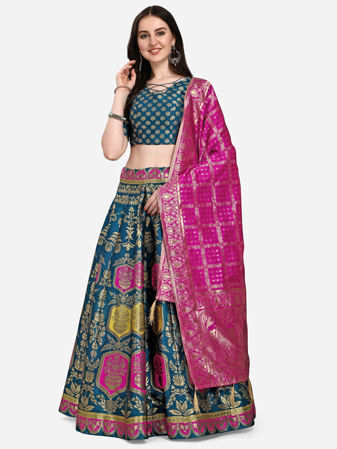 PURVAJA Teal & Pink Ready to Wear Lehenga & Blouse With Dupatta