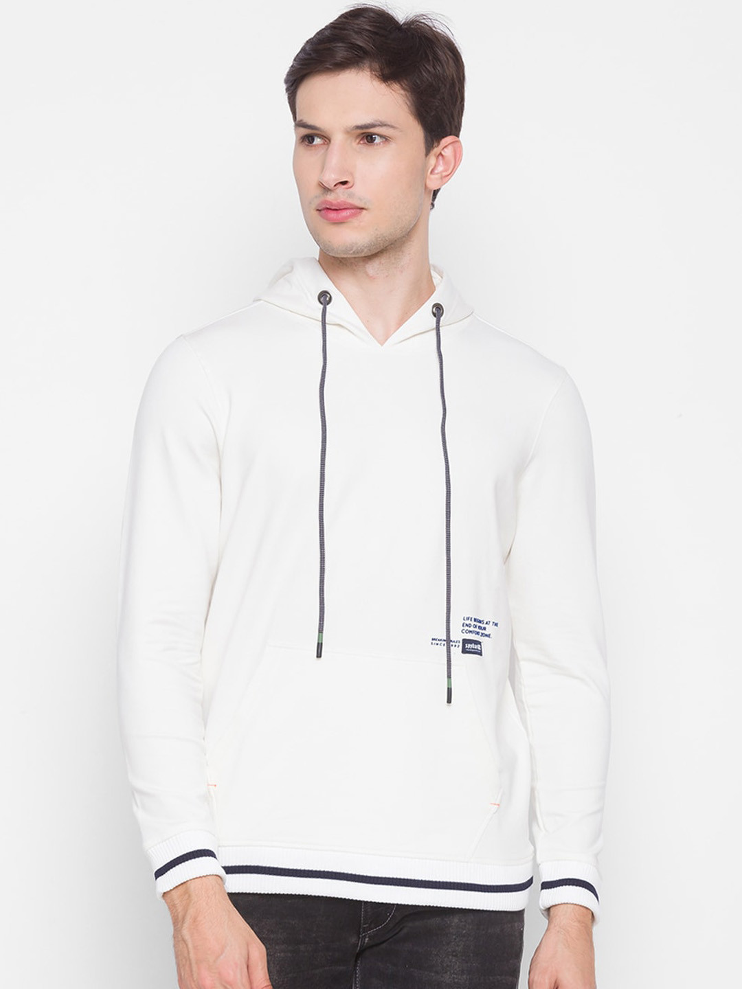 SPYKAR Men Off White Hooded Sweatshirt