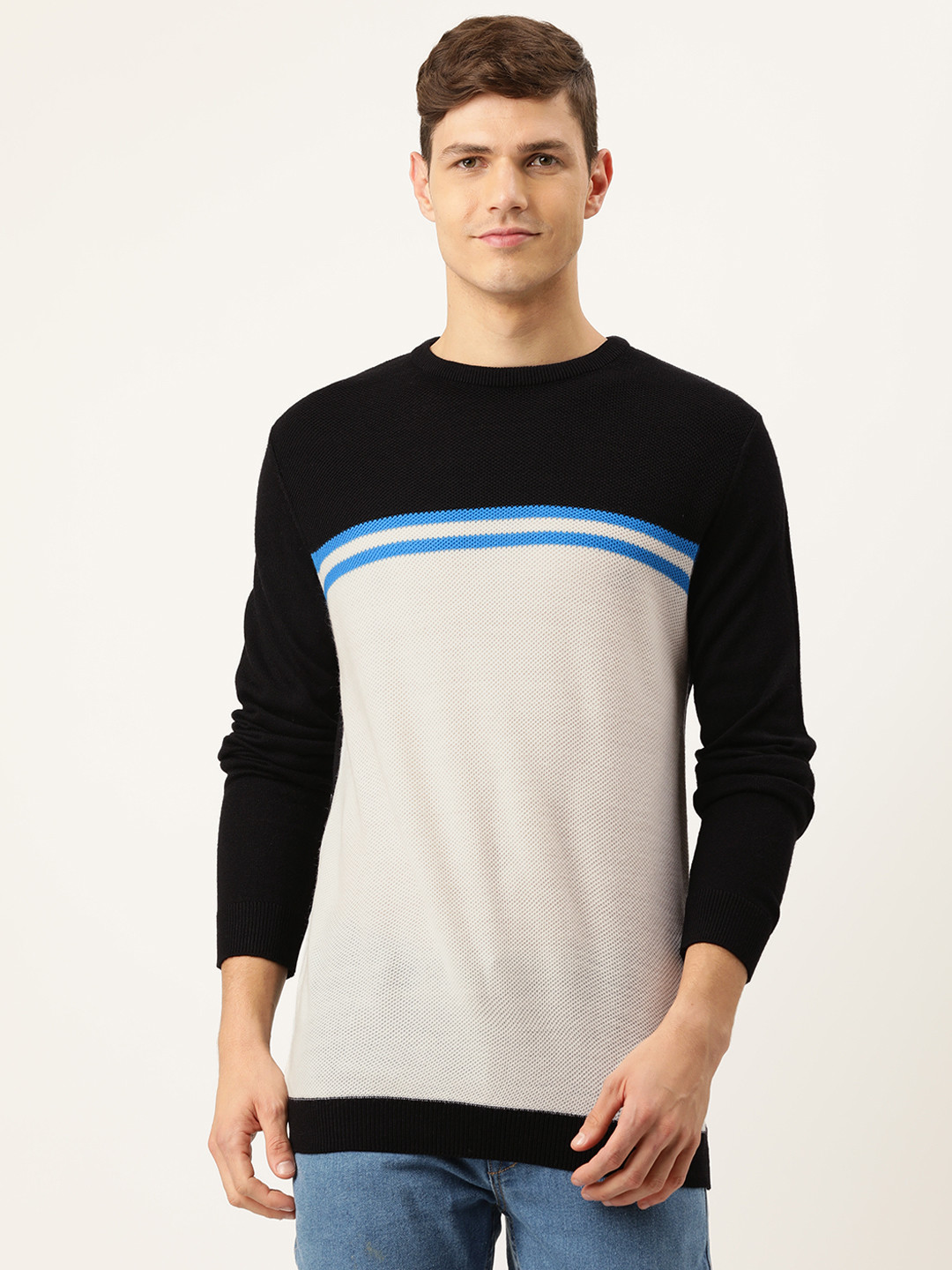 PETER ENGLAND UNIVERSITY Men White & Black Colourblocked Pullover Sweater