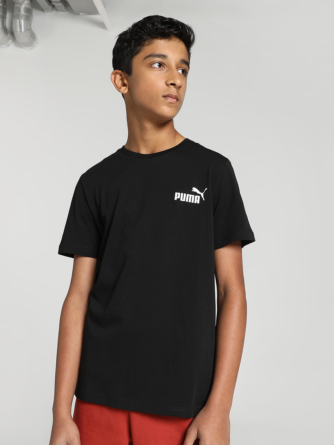 Puma Boys Black Pure Cotton Solid Regular Fit Essential Small Logo Pure Cotton T-shirt