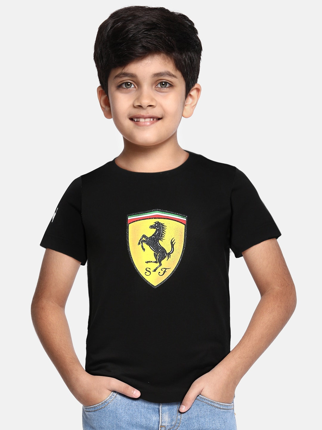 Puma Unisex Black Printed Pure Cotton Ferrari Race Coloured Big Shield Pure Cotton T-shirt