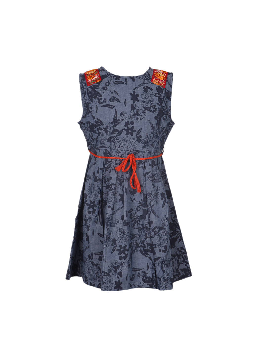 Miyo Girls Blue & Red Floral Printed Belted Dress