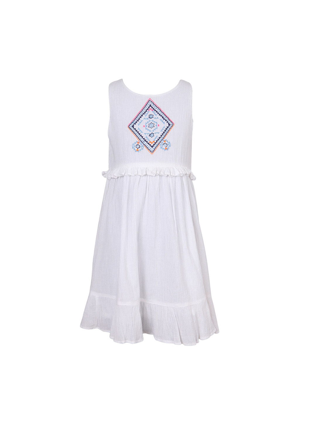 Miyo Girls White & Blue Embroidered A-Line Dress