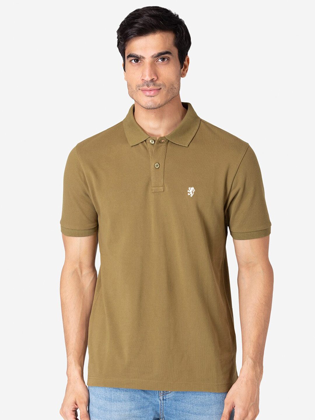 Red Tape Men Olive Green Pure Cotton Polo Collar Pure Cotton T-shirt