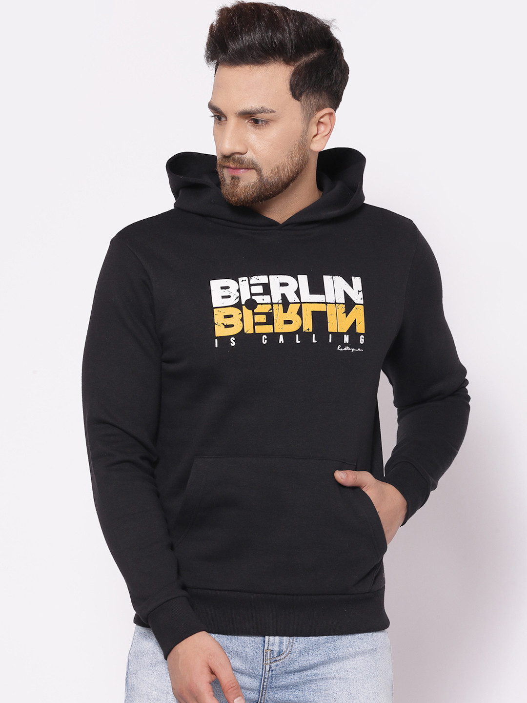 Red Tape Men Black Printed Hooded Sweatshirt