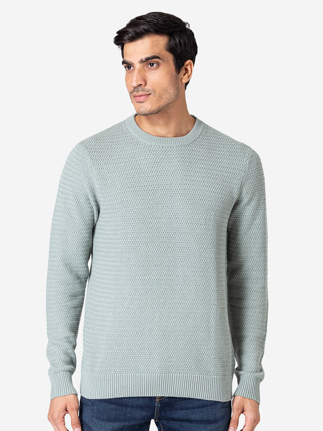 Red Tape Men Green Self Design Pullover Sweater