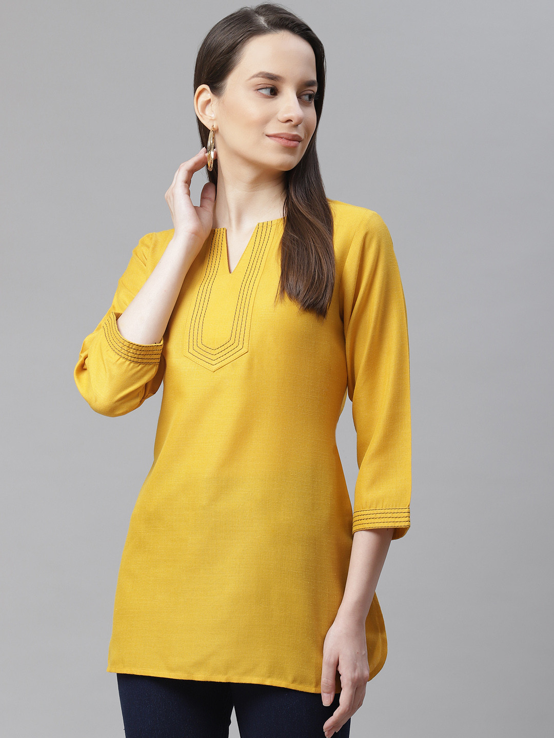 Cottinfab Mustard Yellow V-Neck Pure Cotton A-Line Kurti