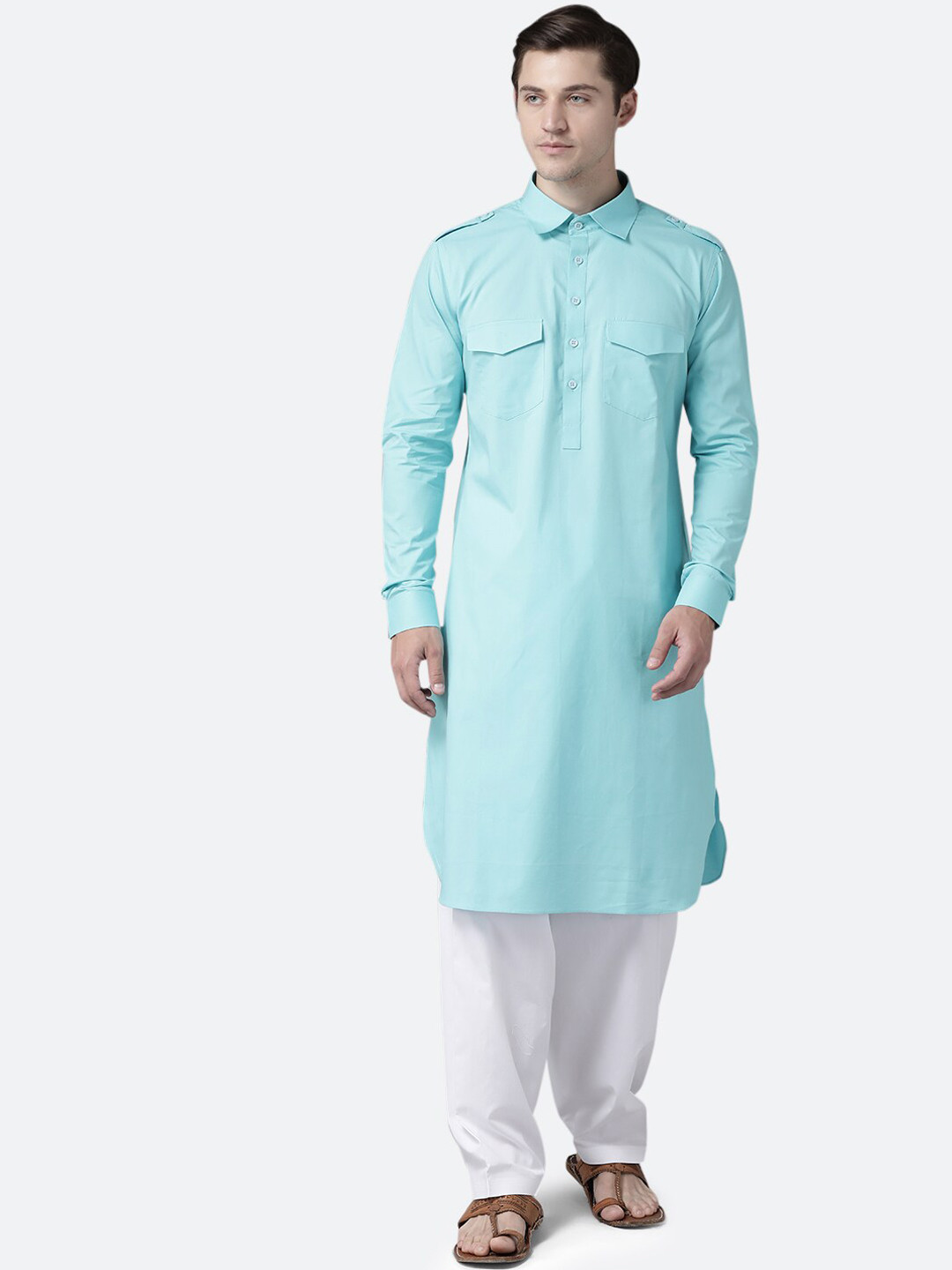 See Designs Men Sea Green Regular Pure Cotton Pathani Kurta with Salwar