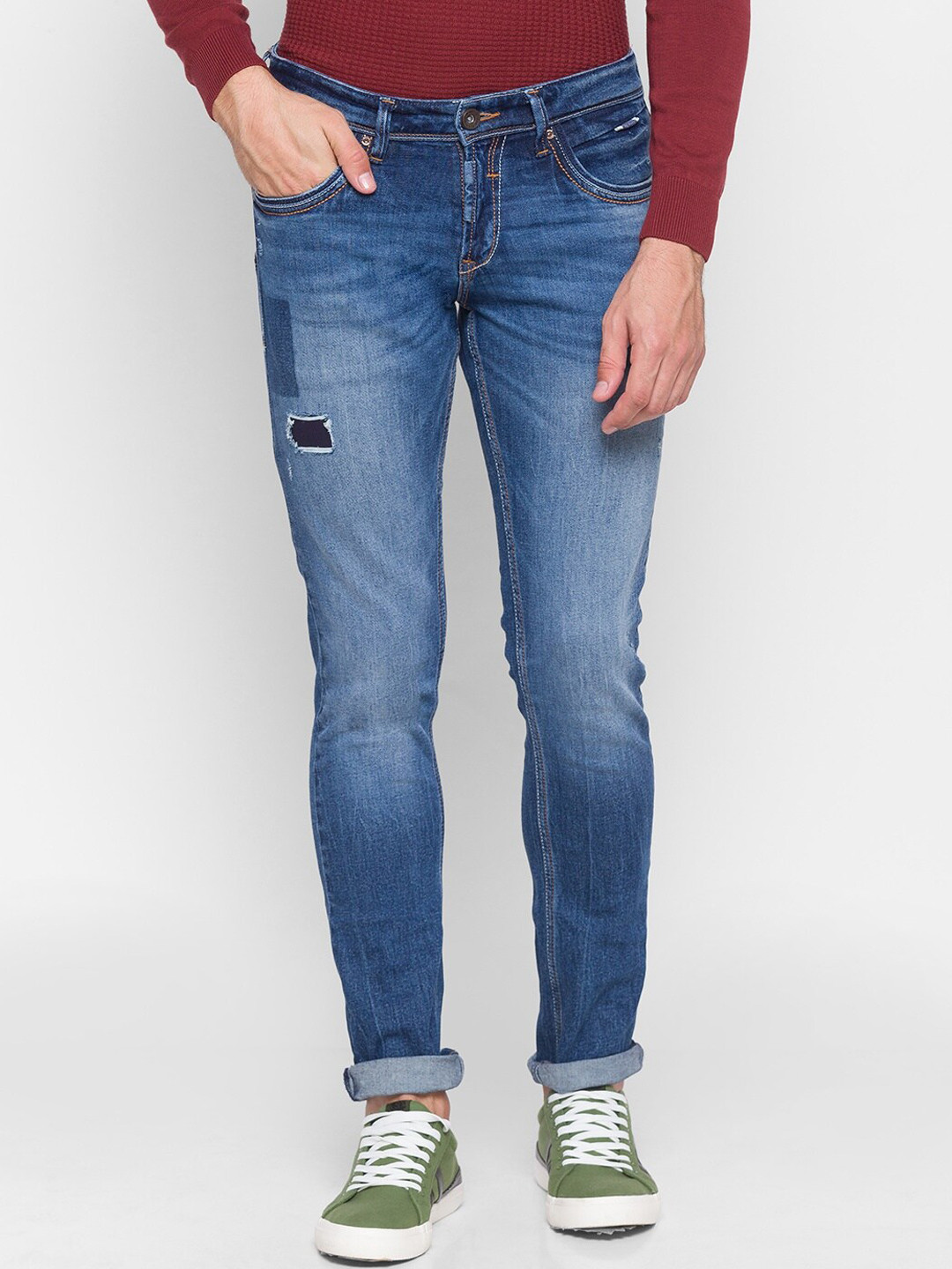 SPYKAR Men Blue Skinny Fit Low-Rise Mildly Distressed Light Fade Jeans