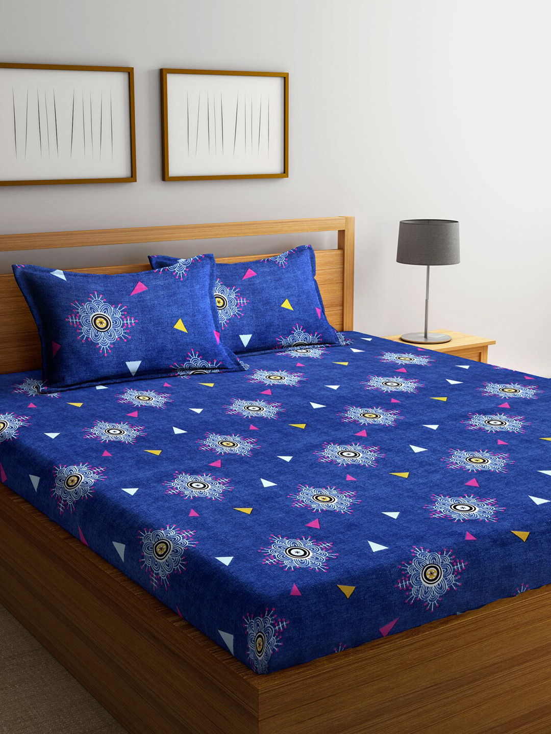 Arrabi Blue Ethnic Motifs Polycotton 300 TC King Fine Bedsheet with 2 Pillow Covers-98 x 85 inches