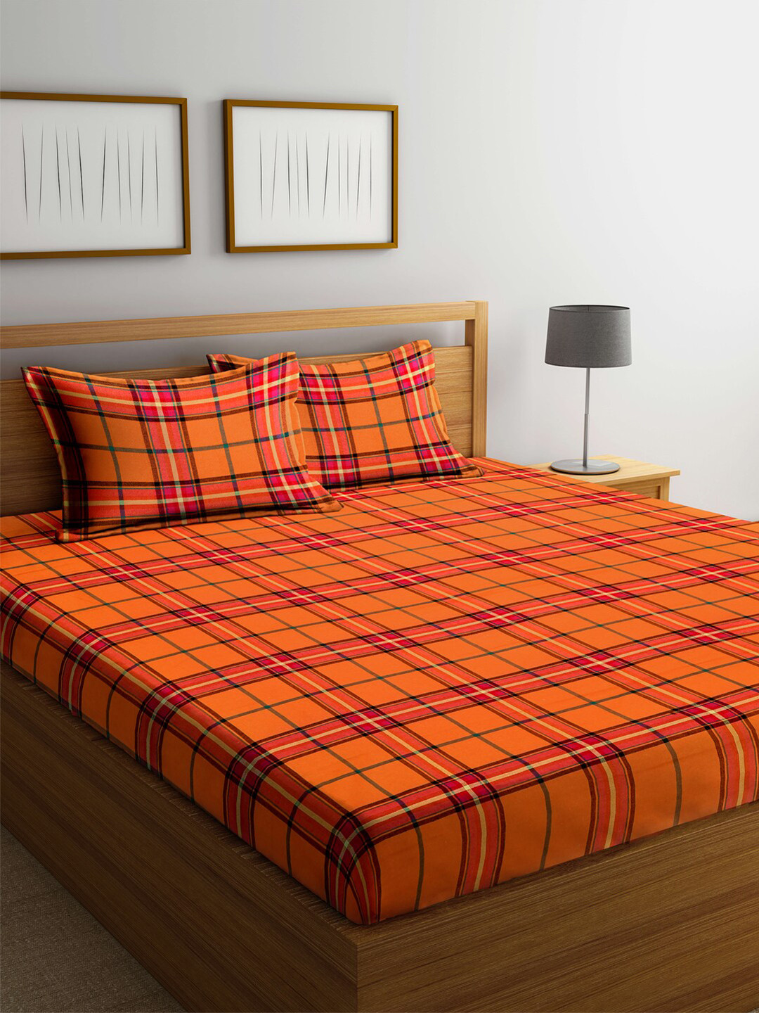 Arrabi Orange Checked Cotton 300 TC King Fine Bedsheet with 2 Pillow Covers-102 x 91 inches
