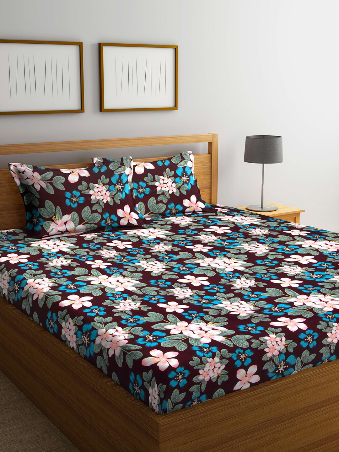 Arrabi Amulya Multicoloured Floral Polycotton 300 TC King Fine Bedsheet with 2 Pillow Covers-100 x 89 inches