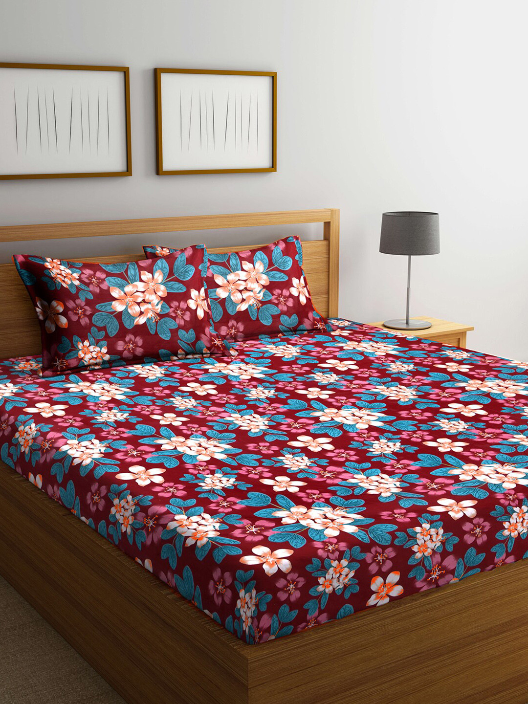 Arrabi Red Floral Cotton 300 TC King Fine Bedsheet with 2 Pillow Covers-100 x 89 inches
