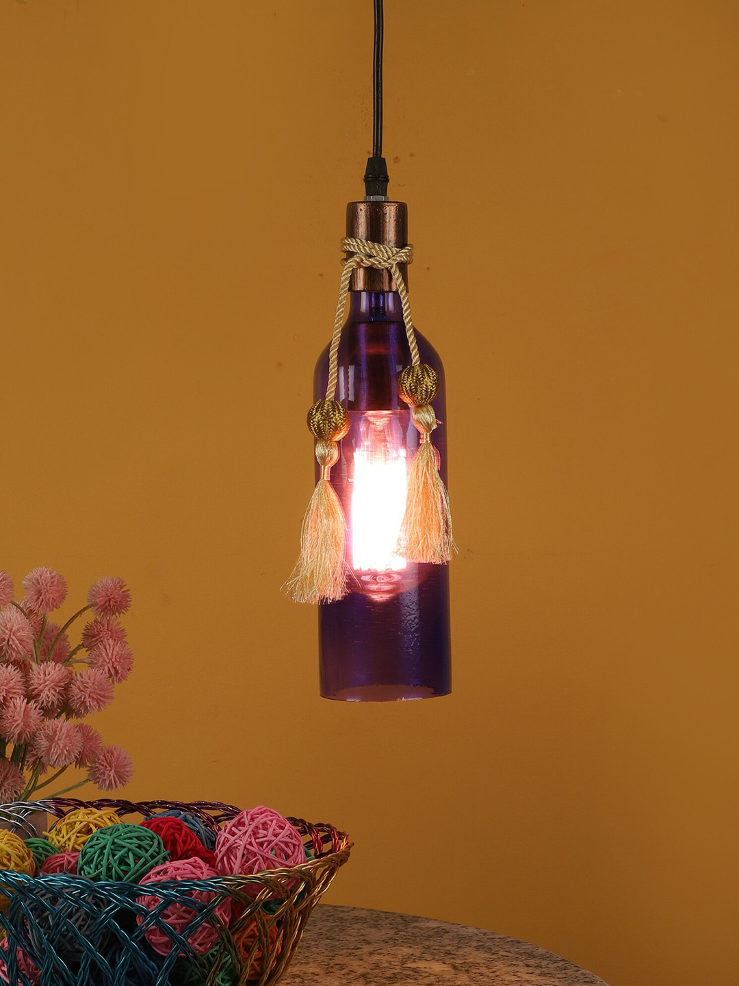 MFD HOME FURNISHING Blue & Gold-Toned Glass Contemporary Hanging Lamp