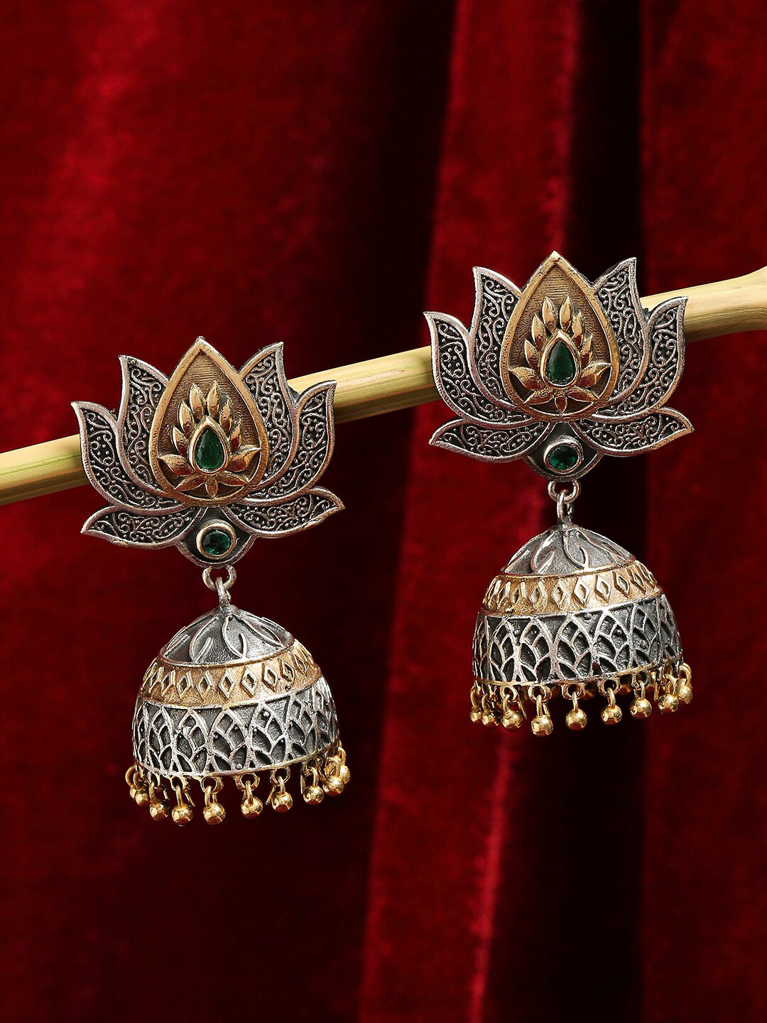 OOMPH Silver & Gold Tone Lotus Ethnic Jhumka Earrings