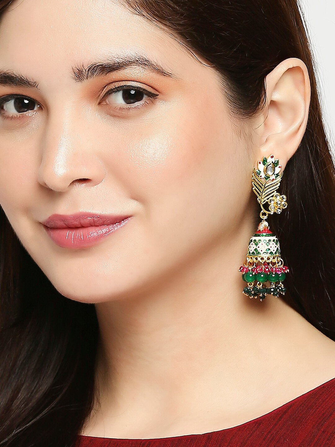 OOMPH Green & Pink Meenakari Enamel Peacock Design Jhumka Earrings
