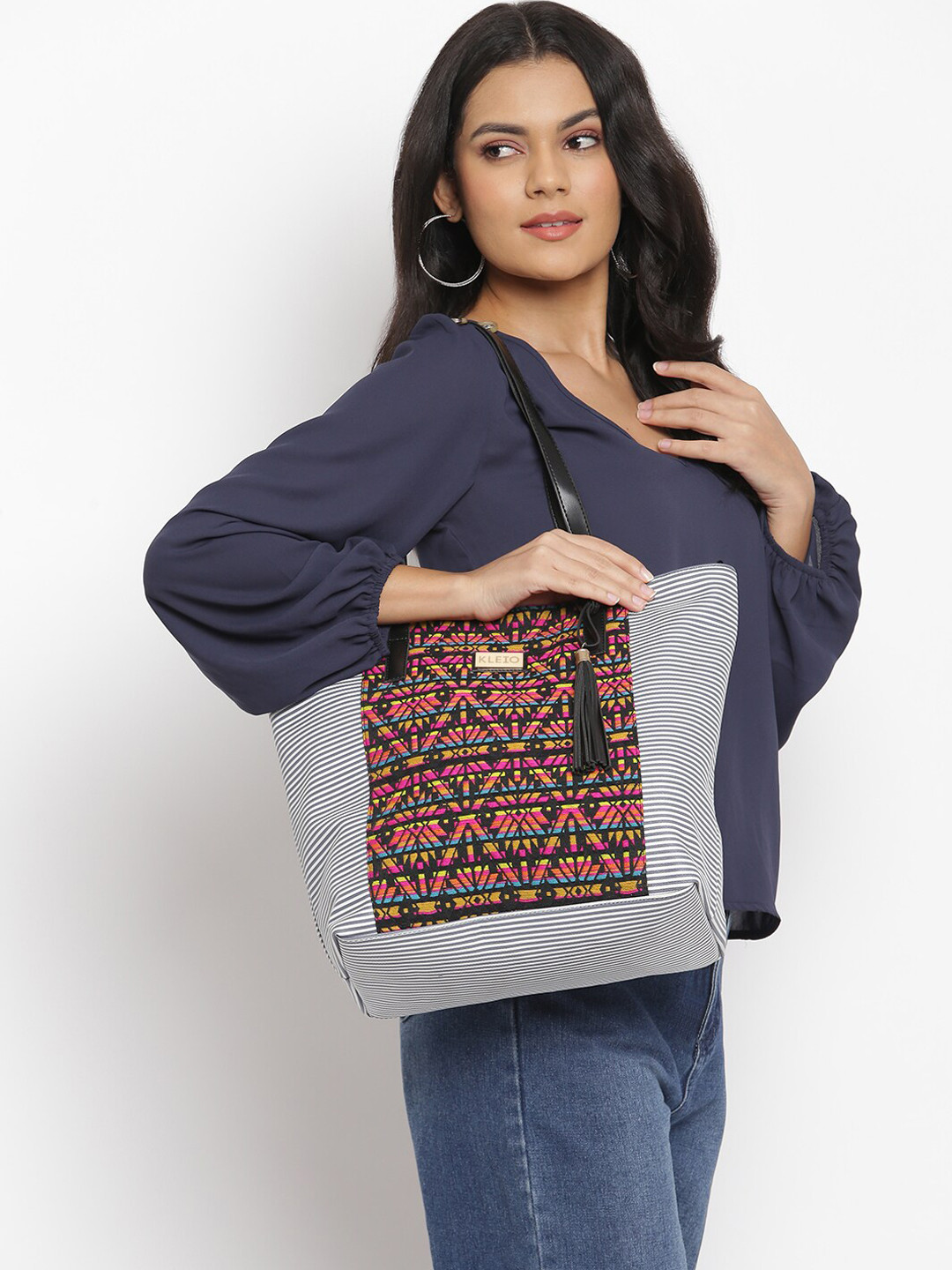 KLEIO Jacquard & PU Oversized Shoulder Tote Bag