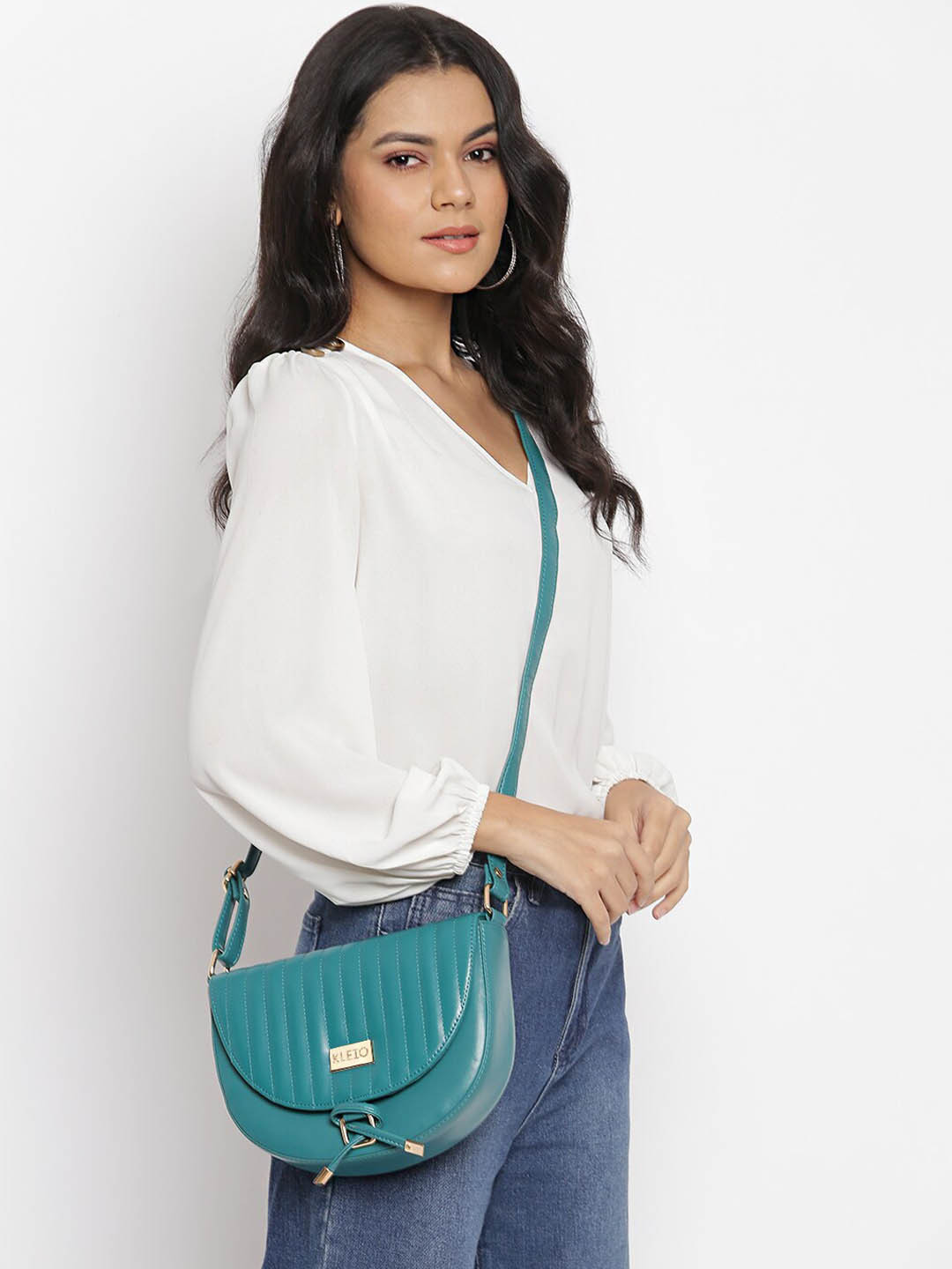 KLEIO Teal Half MoonSling Bag with Cross Body Sling Strap
