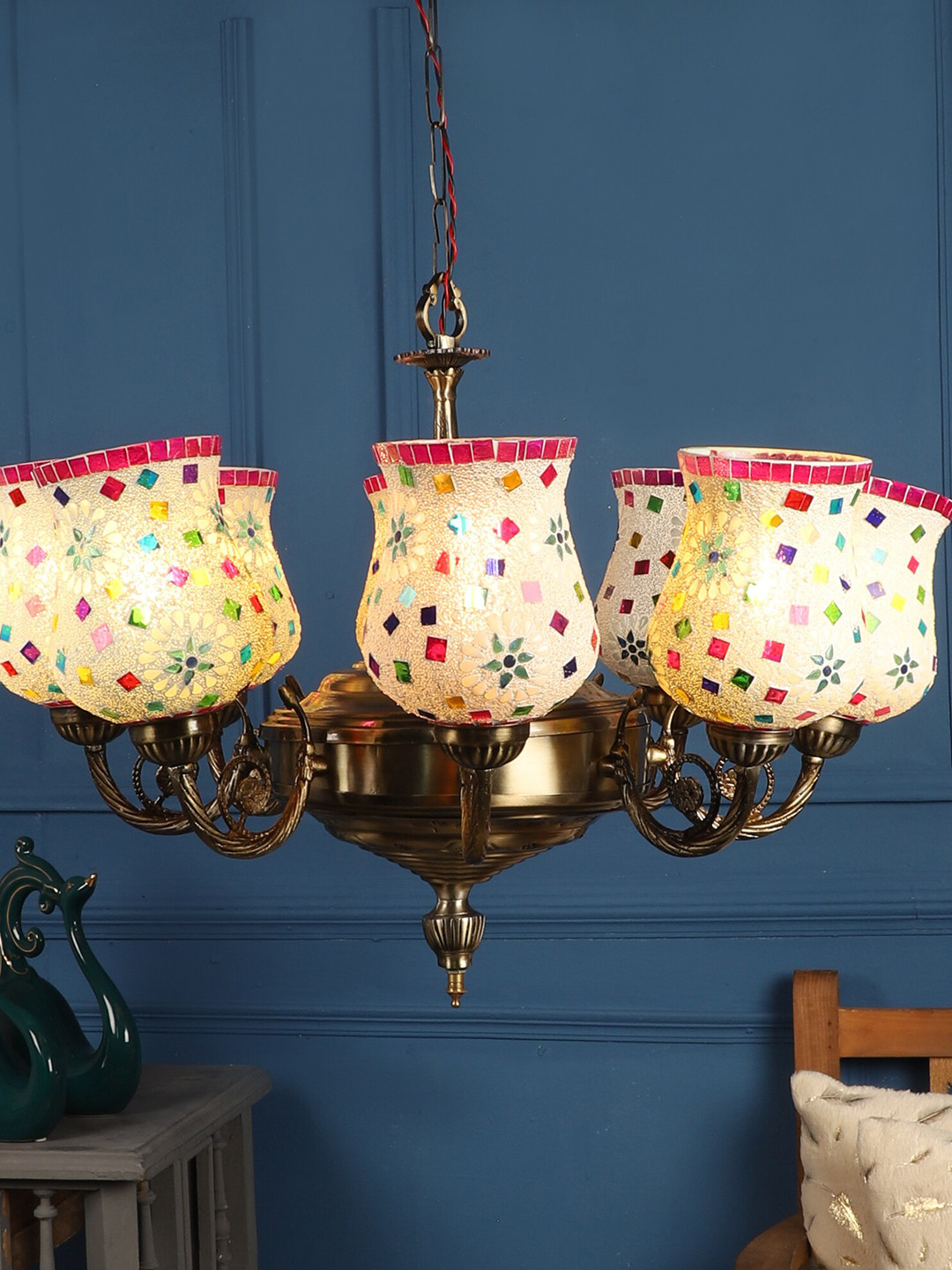 MFD HOME FURNISHING White & Copper-Toned Aluminium Traditional Ceiling Chandelier