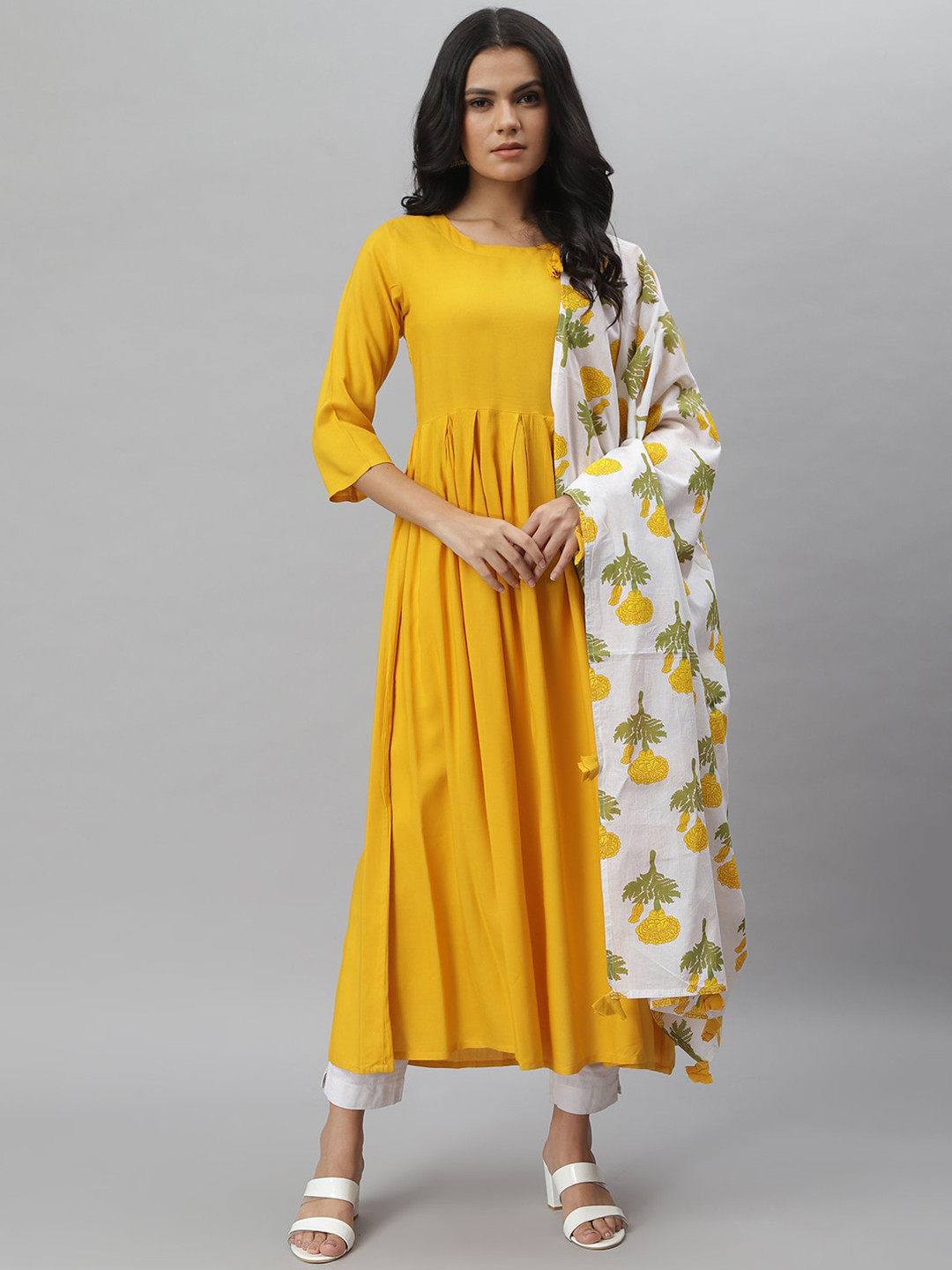 Stylum Women Yellow & White Kurta With Printed Dupatta