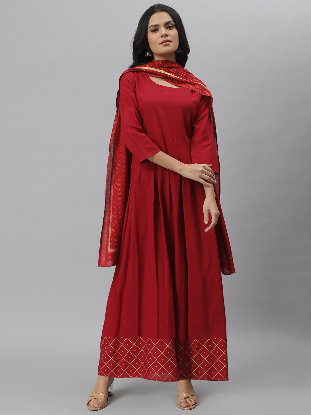 Stylum Women Maroon Anarkali Kurta With Dupatta