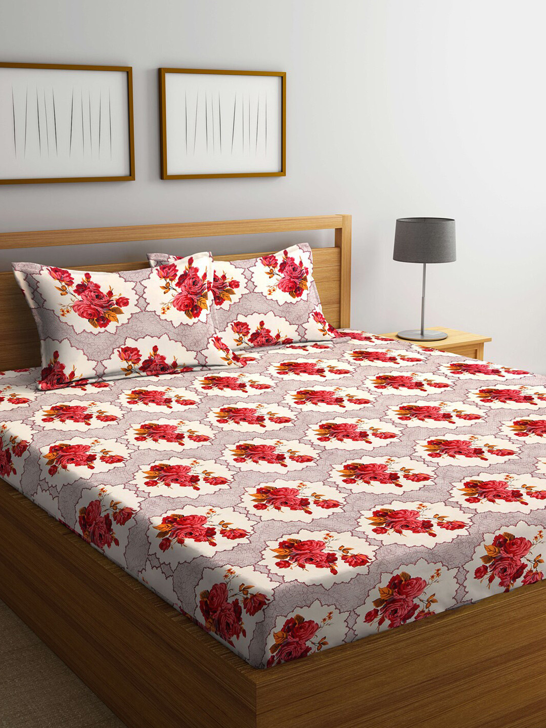 Arrabi Cream Floral Cotton 300 TC King Fine Bedsheet with 2 Pillow Covers-100 x 87 inches