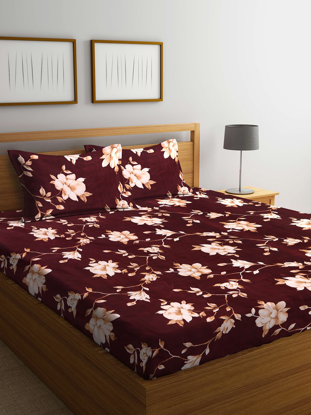 Arrabi Brown Floral Polycotton 300 TC King Fine Bedsheet with 2 Pillow Covers-98 x 106 inches