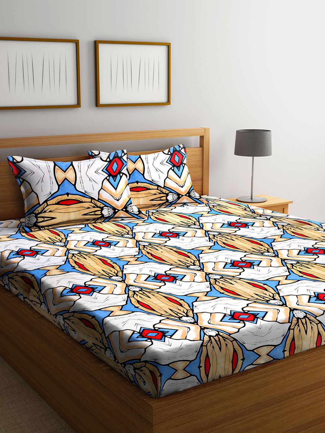 Arrabi Multicoloured Graphic Cotton 300 TC King Fine Bedsheet with 2 Pillow Covers-98 x 85 inches