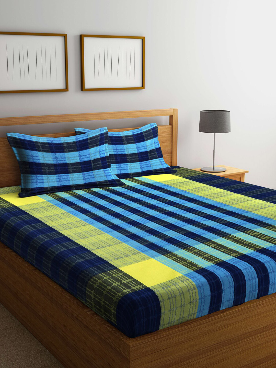 Arrabi Blue Striped Cotton 300 TC King Fine Bedsheet with 2 Pillow Covers-102 x 91 inches