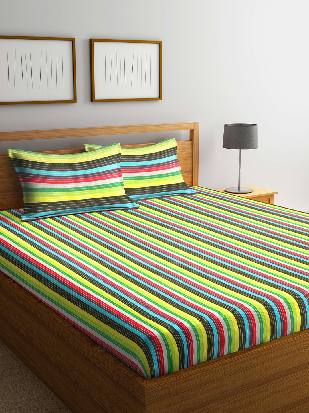 Arrabi Multicoloured Striped Cotton 300 TC King Fine Bedsheet with 2 Pillow Covers-106 x 106 inches
