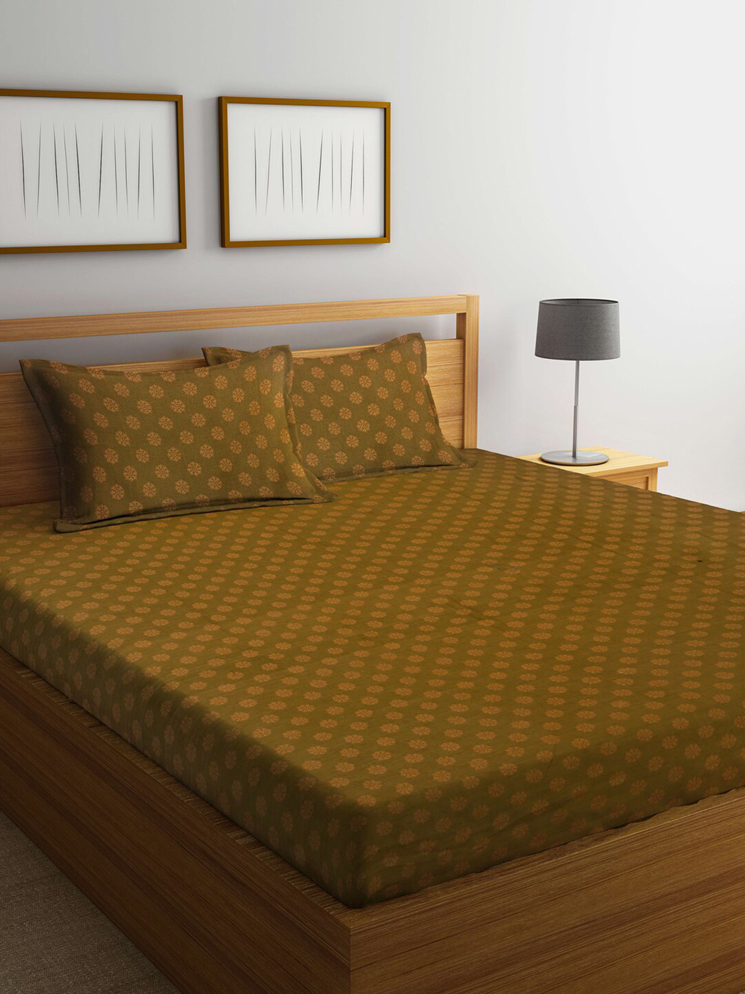 Arrabi Brown Ethnic Motifs Cotton 300 TC King Fine Bedsheet with 2 Pillow Covers-98 x 106 inches