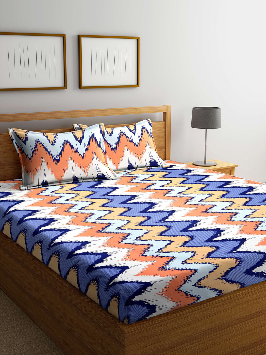 Arrabi White Chevron Polycotton 300 TC King Fine Bedsheet with 2 Pillow Covers-100 x 89 inches
