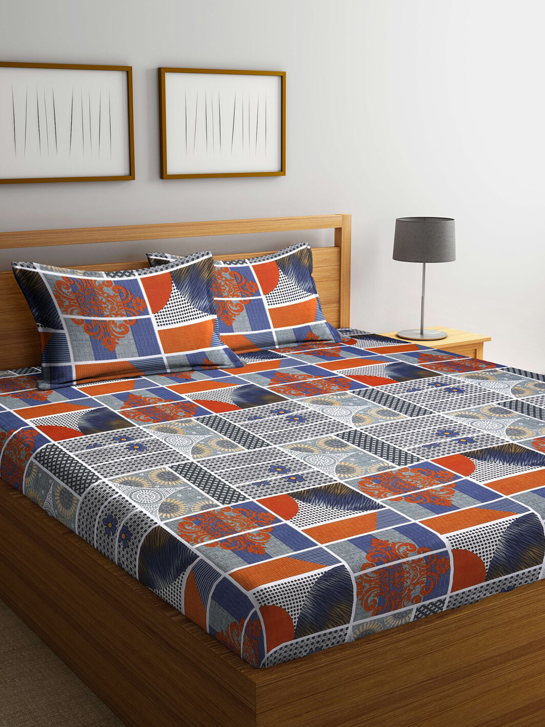 Arrabi Grey Geometric Cotton 300 TC King Fine Bedsheet with 2 Pillow Covers-100 x 89 inches