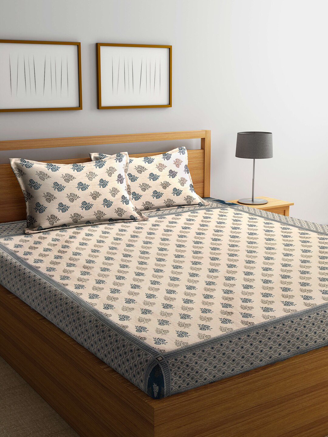Arrabi Green Ethnic Motifs Polycotton 300 TC King Fine Bedsheet with 2 Pillow Covers-94 x 89 inches