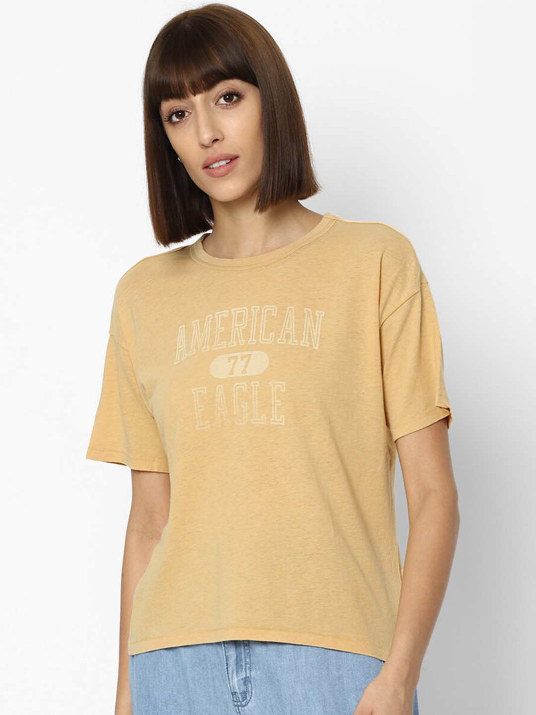 AMERICAN EAGLE OUTFITTERS Women Beige & Off White Brand Logo Printed T-shirt