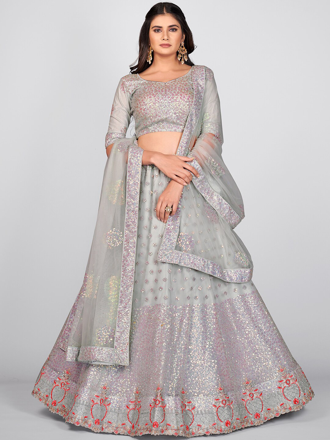 SHOPGARB Grey & Silver-Toned Embellished Sequinned Semi-Stitched Lehenga & Unstitched Blouse With Dupatta