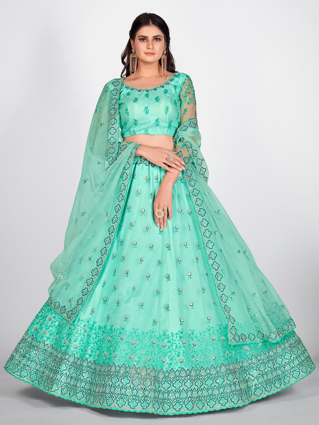 SHOPGARB Turquoise Blue & Green Semi-Stitched Lehenga & Unstitched Blouse With Dupatta