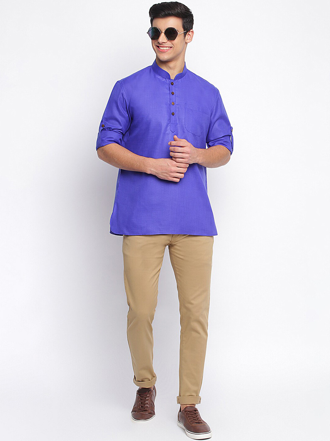 Sanwara Men Blue Solid Mandarin Collar Kurta