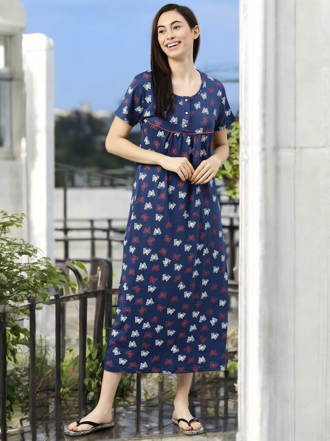 Kryptic Women Navy Blue Printed Nightdress